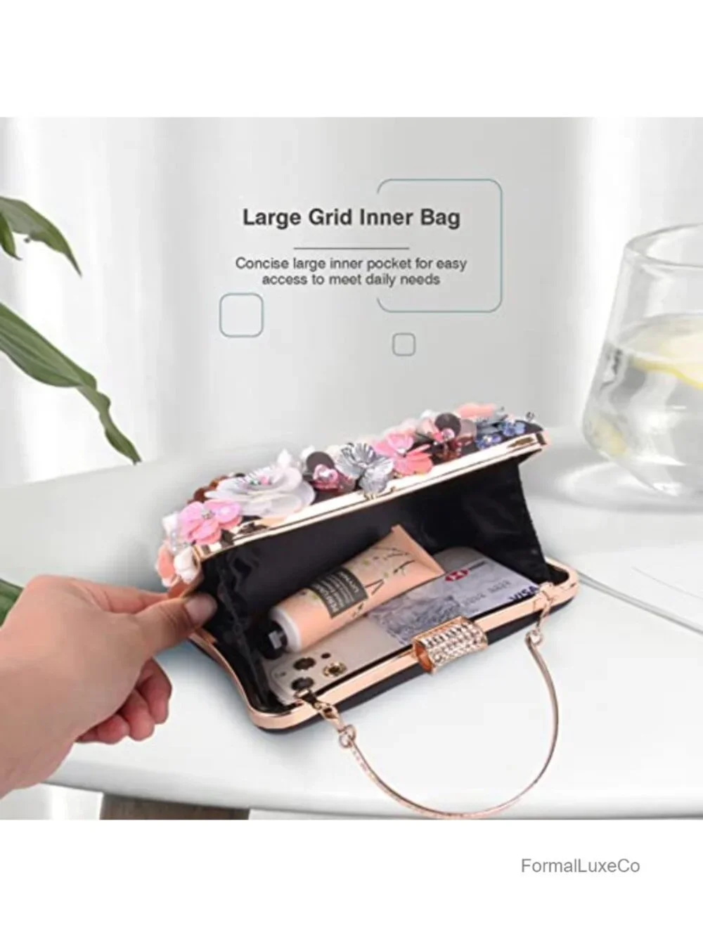 Women Clutch Evening Bag with 3D Flowers Chain Strap Shoulder